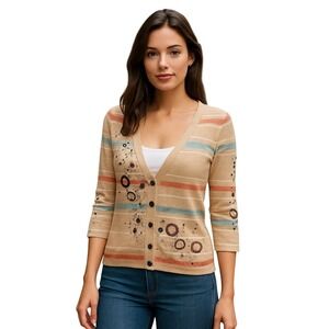 Anthropologie Moth Striped Cardigan Embellished Floral Design Boho Chic Women M